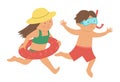 Vector kids running to the sea. Children doing beach activity. Cute boy and girl with diving mask, snorkel and inflatable ring. Royalty Free Stock Photo