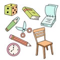 Vector kids set with hand drawn elements pencil, book, chair, cube, marker, clock . Sticker collection with simple Royalty Free Stock Photo