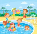 Vector kids in swimming pool swimming and jumping from diving platform Royalty Free Stock Photo