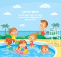 Vector kids in swimming pool swimming and jumping from diving platform Royalty Free Stock Photo