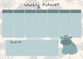 Vector kids weekly planner with cute hippo in cartoon style. Place for a to-do list