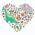 Vector kindergarten pattern with animals and toys. Illustration for little boys and girls.