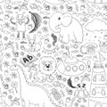 Vector kindergarten pattern with animals and toys. Illustration for little boys and girls.