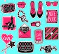 Vector kit of contemporary patches: high heels,gift box, phone,h