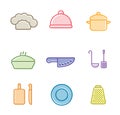 Vector kitchen, restaurant and culinary icons. Chef cap, cloche, pan, knife, laddle, grating board, saucepan, plate Royalty Free Stock Photo