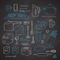 Vector kitchen utensils doodle icons set on black chalkboard background illustration Royalty Free Stock Photo