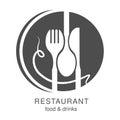 Vector knife, fork, spoon with spaghetti. Circular symbol for a restaurant menu marking a smiling human face, smiley. Royalty Free Stock Photo