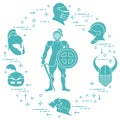 Knight with shield, sword and different helmets. Design element for postcard, banner or print