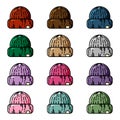 Vector knitted hipster caps. Set of colorful hats