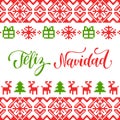 Vector knitted seamless pattern with lettering Feliz Navidad translated Merry Christmas. Happy Holidays pixel frame.
