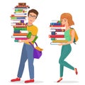 Vector Knowledge education illustration with guy and girl students carrying large stack of books. Man and woman student