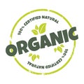 Vector label for organic natural product. Product sticker illustration, badge. Textured round logo with green leaves and Royalty Free Stock Photo