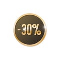 Vector label with 30 percent sale discount. Thirty number in a circle with a golden glitter on a black. Offer discount label