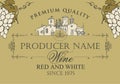 Vector label for red and white wine with calligraphic inscription, hand-drawn landscape of the European village and bunches of Royalty Free Stock Photo