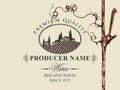 Vector label for red and white wine with rural landscape of vineyards and Italian village in oval frame and with grapevine in Royalty Free Stock Photo