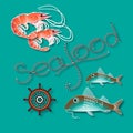 Vector label with shrimp, fish, nautical accessory and word Seafood.