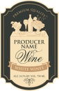 Vector label for white wine with a contour drawing of still life from a bottle, a wine glass and bowls of fruit in figured frame Royalty Free Stock Photo