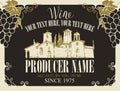 Vector label for wine with calligraphic inscription, hand-drawn landscape of the European village and bunches of grapes in frame Royalty Free Stock Photo