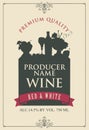 Vector label for wine with the silhouette of a still life from bottle, wine glass and bowl of fruit in frame with curls in retro Royalty Free Stock Photo