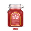 Vector labeled Bale Square Glass Jar with Swing Top Lid filled with strawberry jam.