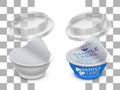 Vector labeled open plastic round container with opened foil seal and transparent lid. Packaging template illustration