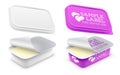 Vector labeled open rectangular plastic container with foil seal, lid and foodstuff or cosmetics cream within. Packaging mockup