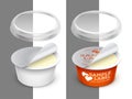 Vector labeled open round container with foil and transparent lid. Packaging template illustration