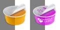 Vector labeled open round transparent plastic container with foil. Packaging mockup illustration