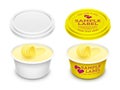 Vector labeled plastic round container with butter curl or roll. Packaging mockup illustration Royalty Free Stock Photo