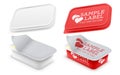 Vector labeled rectangular plastic container with opened foil seal. Packaging mockup illustration