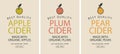 Vector labels for cider with Apple, plum and pear