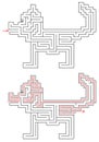 Vector labyrinth inside shape of dog with entry in its mouth and exit in cloaca. Joke maze with solution - red passing