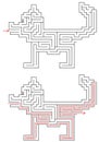 Vector labyrinth inside shape of dog with entry in mouth and exit in cloaca. Joke maze with solution - red passing route