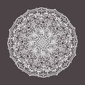 Vector lace doily, round print white line art on a dark background isolated. Embroidery, lace, print for fabric, beautiful