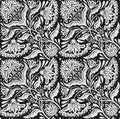 Vector lace pattern with tracery gray floral ornaments in tile on black background. Decorative monochrome seamless texture