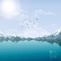 Vector lake and mountain landscape illustration. beautiful nature background with riverside, and snow peaks view at summer sunny Royalty Free Stock Photo