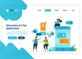 Vector landing page design of discussion and chat apps. Chatbot technology for mobile. Illustration of landing page, website,