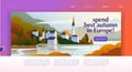 Vector landing page design template with beautiful flat europe autumn seacoast village landscape illustration.