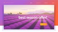 Vector landing page design template with beautiful flat lavender flower field village landscape illustration. Royalty Free Stock Photo