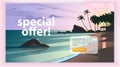 Vector landing page design template with beautiful flat sunset seacoast with palm tree landscape illustration.