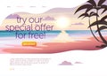 Vector landing page design template with beautiful flat sunset seacoast with palm trees landscape illustration. Royalty Free Stock Photo