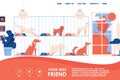 Vector landing page design template with interior of dog shelter. Puppies in a cage yearn for freedom. Concept illustration in red Royalty Free Stock Photo