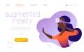 Vector landing page design template for new vr technology - woman in vr goggle headset / helmet / glasses in abstract augmented vi