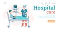 Vector landing page template with doctor taking care for patient in hospital bed