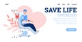 Vector landing page template with donor sitting in medical chair and donate blood Royalty Free Stock Photo