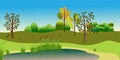 Vector Landscape with attractive view lake and forest. Reed plants and sand on the lake beach