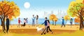 Vector landscape of Autumn park by the sea with happy family having fun, boy walking the dog, women sitting on bench reading a Royalty Free Stock Photo