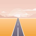 Vector landscape background. Road in golden yellow wheat field, mountains, hills, clouds on the sky Royalty Free Stock Photo