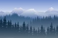 Vector landscape with blue forests and snowy mountains on the background.