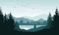 Vector landscape with blue silhouettes of mountains, hills and forest and sky with clouds and birds Royalty Free Stock Photo